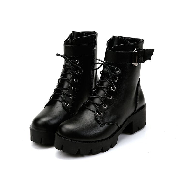 Women's Chunky Heel Lace-up Belt Buckle Waterproof Platform Non-slip Ankle Boots