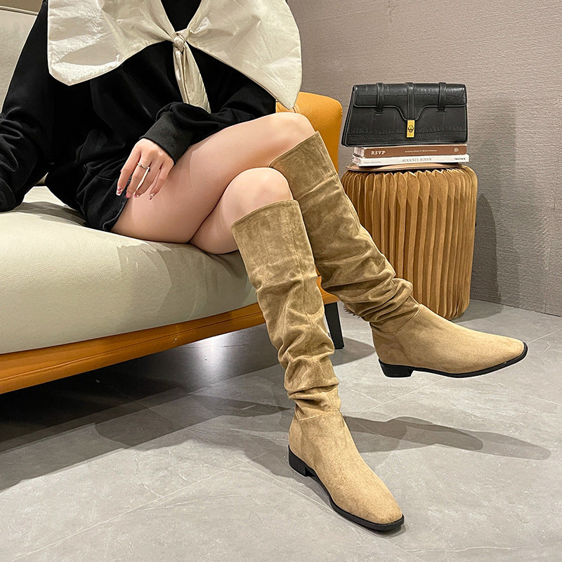 Female Vintage Suede Chunky Heel Square Toe Knight Boots