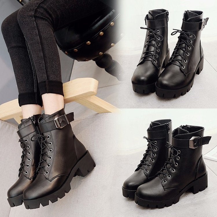 Women's Chunky Heel Lace-up Belt Buckle Waterproof Platform Non-slip Ankle Boots