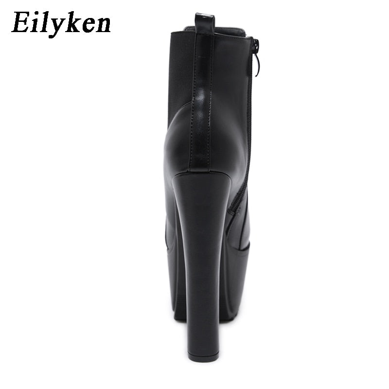 Eilyken 2023 New Winter Platform High Heels Women Ankle Boots Black PU Leather Round Toe Zipper Female Designer Shoes