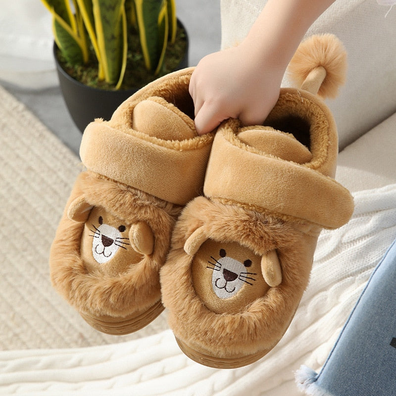 Winter Children Slippers Cute Cartoon Lion Modelling Slippers for Boys Girls Home Shoes Warm Non Slip Indoor Floor Kids Slippers