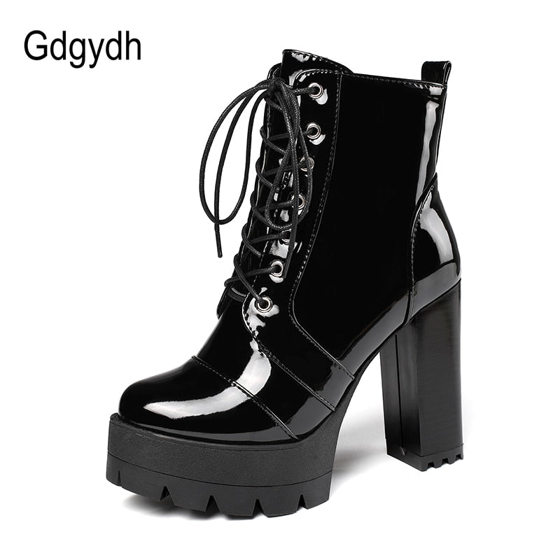 Gdgydh 2021 Thick High Heeled Female Patent Leather Ankle Boots Round Toe Lace-up Zipper Women Short Boots Gothic Women Shoes