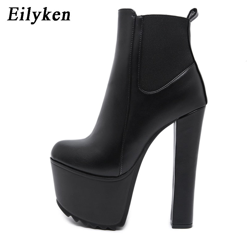 Eilyken 2023 New Winter Platform High Heels Women Ankle Boots Black PU Leather Round Toe Zipper Female Designer Shoes