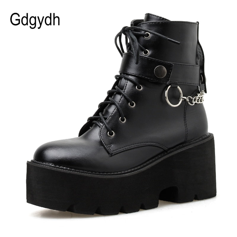 Gdgydh New Sexy Chain Women Leather Autumn Boots Block Heel Gothic Black Punk Style Platform Shoes Female Footwear High Quality