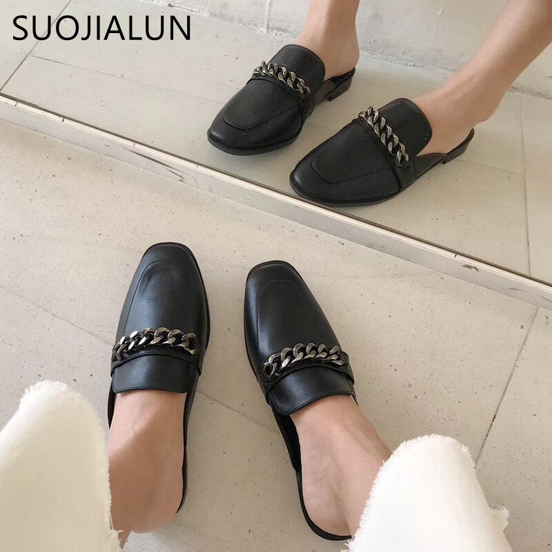 SUOJIALUN Luxury Design Slip On Outside Mules Slippers Brand Chain British Sandal Shoes Flat Round Toe Slides Big Size 41