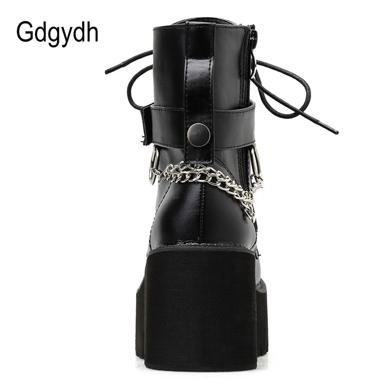 Gdgydh New Sexy Chain Women Leather Autumn Boots Block Heel Gothic Black Punk Style Platform Shoes Female Footwear High Quality