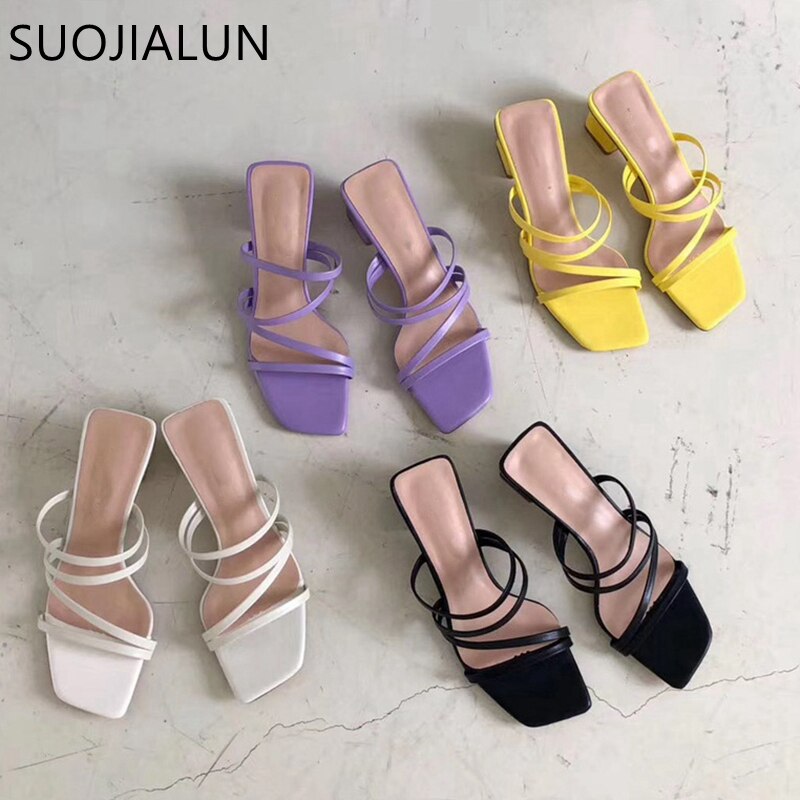 SUOJIALUN 2021 Brand Summer Women Slipper Low Heel  Slides Female Peep Toe Square Heel Sandal Vacation Flip Flops mujer Shoes