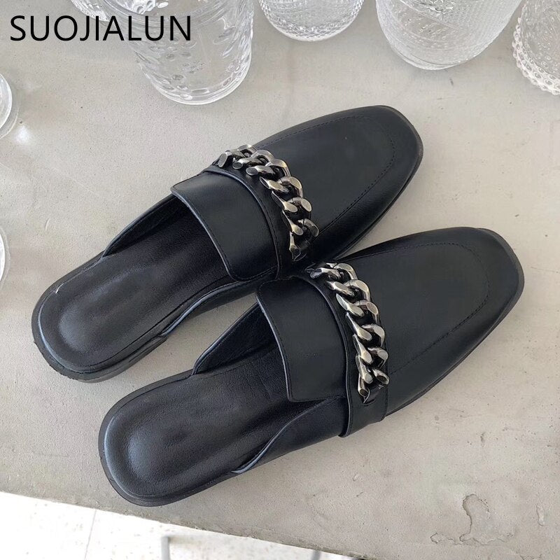 SUOJIALUN Luxury Design Slip On Outside Mules Slippers Brand Chain British Sandal Shoes Flat Round Toe Slides Big Size 41