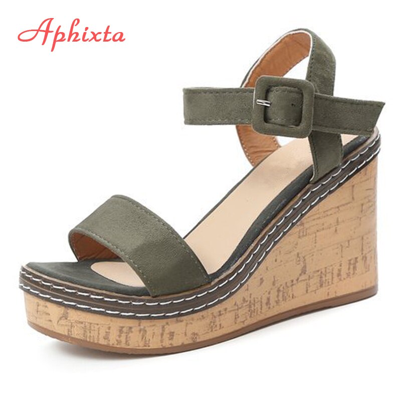 Aphixta New Sandals Women Mouth Toe Wedges Shoes For Women Line Buckle Platform Summer Wood Grain High Heel Chaussure Femme