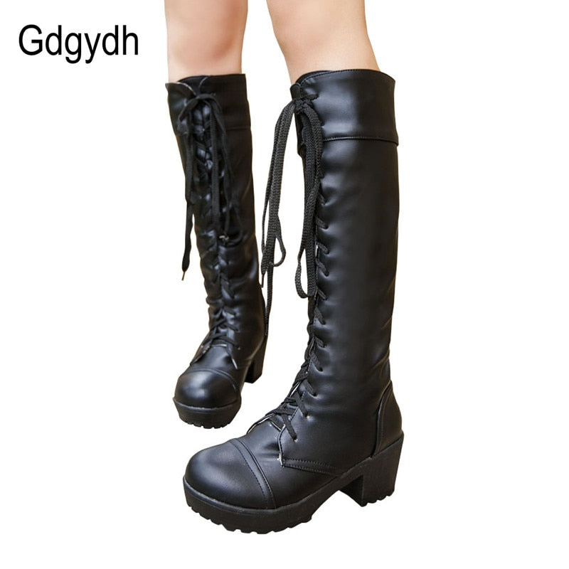 Gdgydh Large Size 43 Lace Up Knee High Boots Women Autumn Soft Leather Fashion White Square Heel Woman Shoes Winter Hot Sale