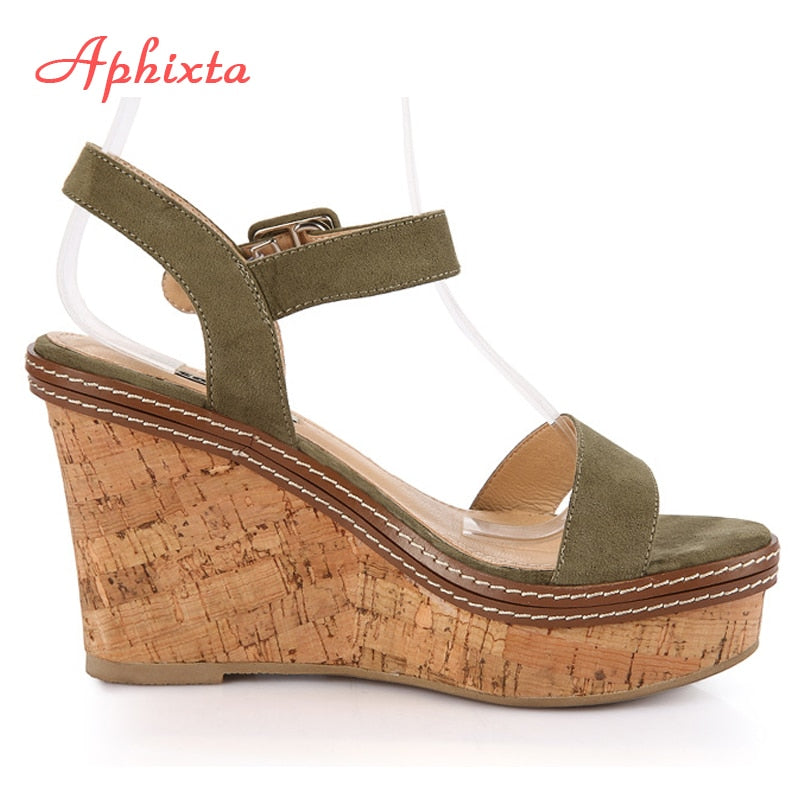 Aphixta New Sandals Women Mouth Toe Wedges Shoes For Women Line Buckle Platform Summer Wood Grain High Heel Chaussure Femme