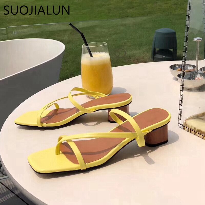 SUOJIALUN 2021 Brand Summer Women Slipper Low Heel  Slides Female Peep Toe Square Heel Sandal Vacation Flip Flops mujer Shoes