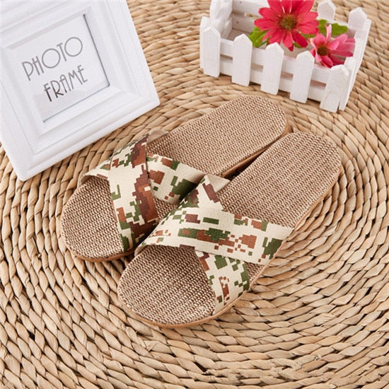 Suihyung Summer Home Linen Slippers Women Indoor Floor Shoes Flip Flops Camouflage Cross-tied Ladies Casual Sandals Plus Size