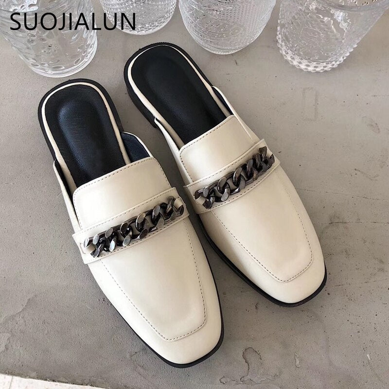 SUOJIALUN Luxury Design Slip On Outside Mules Slippers Brand Chain British Sandal Shoes Flat Round Toe Slides Big Size 41