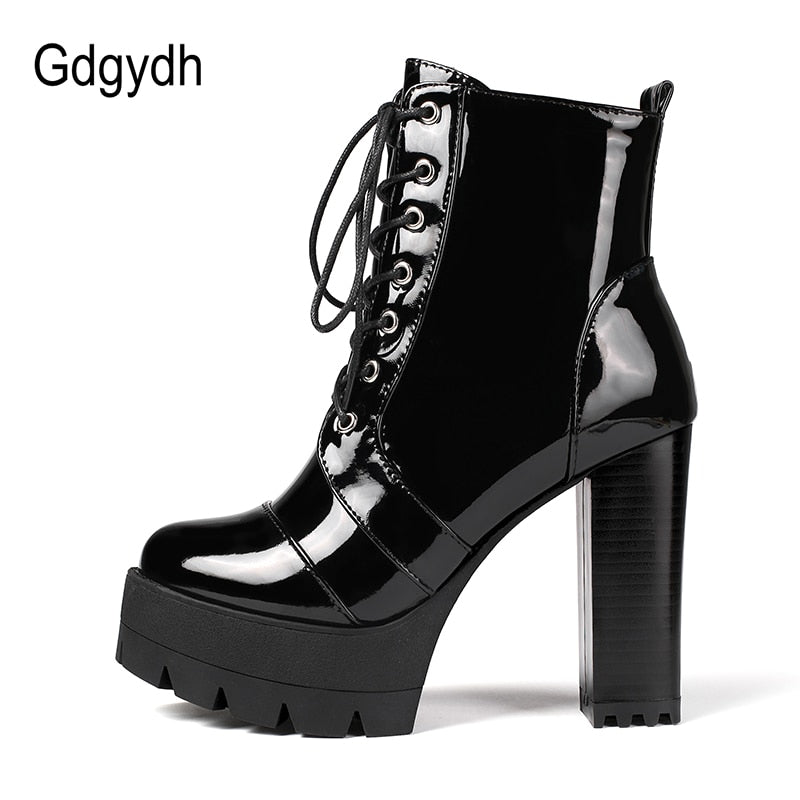 Gdgydh 2021 Thick High Heeled Female Patent Leather Ankle Boots Round Toe Lace-up Zipper Women Short Boots Gothic Women Shoes