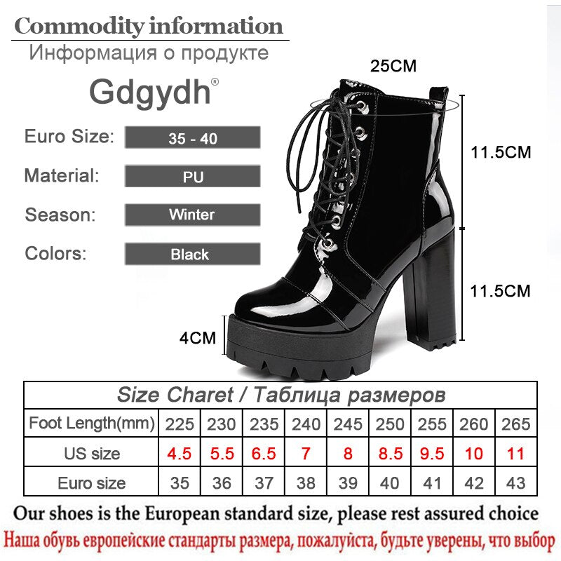 Gdgydh 2021 Thick High Heeled Female Patent Leather Ankle Boots Round Toe Lace-up Zipper Women Short Boots Gothic Women Shoes