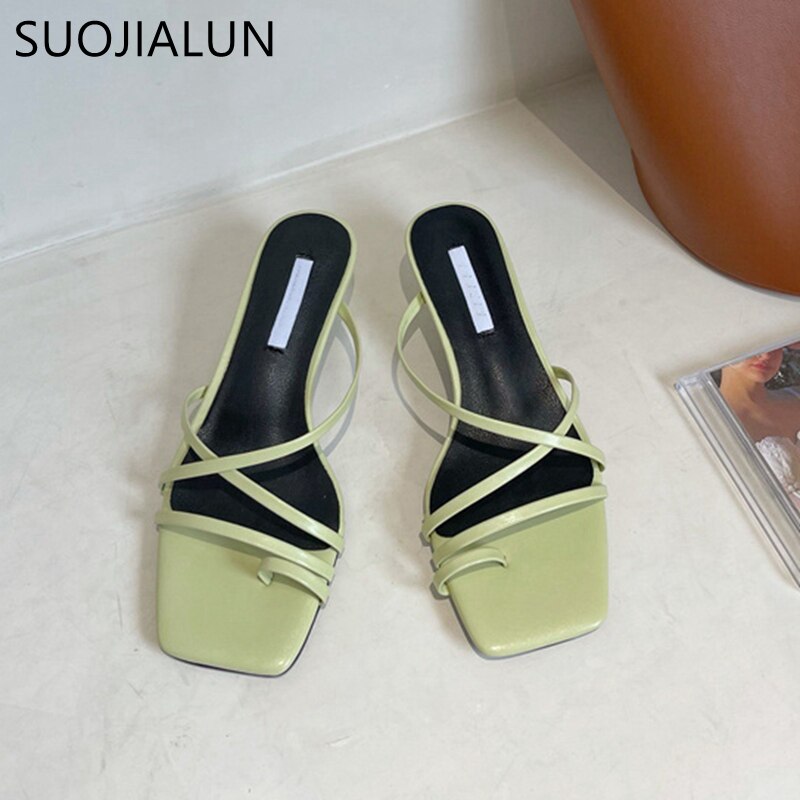 SUOJIALUN 2021 Brand Summer Women Slipper Low Heel  Slides Female Peep Toe Square Heel Sandal Vacation Flip Flops mujer Shoes