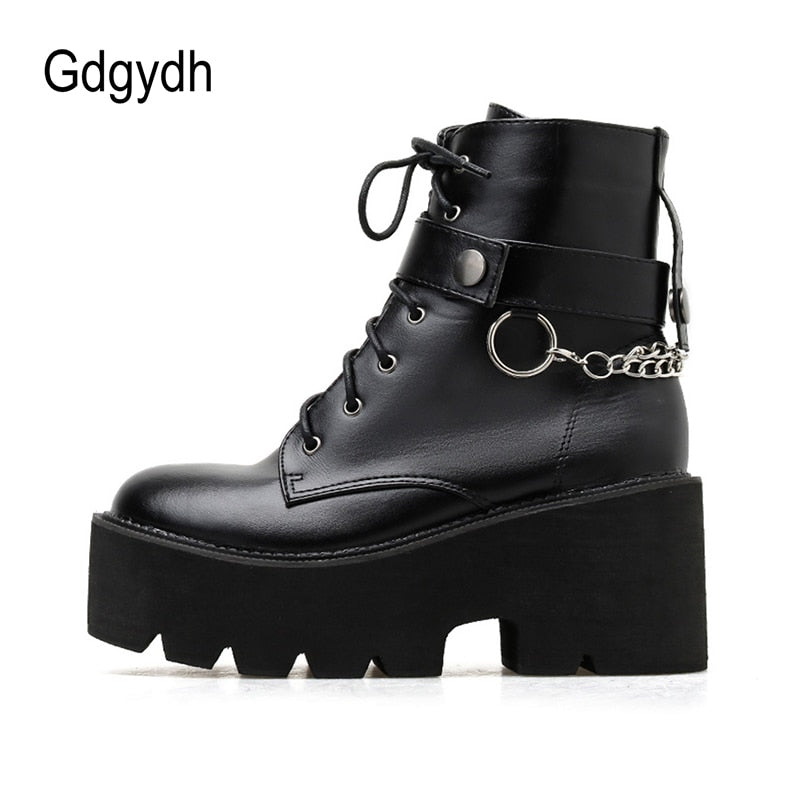 Gdgydh New Sexy Chain Women Leather Autumn Boots Block Heel Gothic Black Punk Style Platform Shoes Female Footwear High Quality