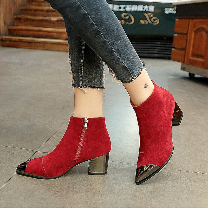 Fashion Ladies High Heels Boots Warm Shoes Pointed toe Women Winter Chelsea Boots Women Ankle Boots Square Heel 6cm N046