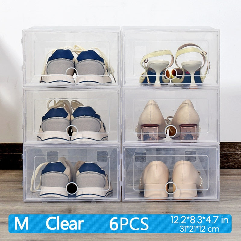 6 Packs Transparent Shoe Box Shoes Organizers Plastic Thickened Foldable Dustproof Storage Box Stackable Shoe Cabinet Sale