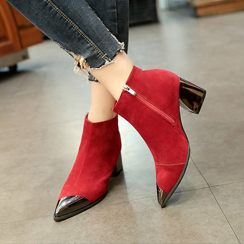 Fashion Ladies High Heels Boots Warm Shoes Pointed toe Women Winter Chelsea Boots Women Ankle Boots Square Heel 6cm N046