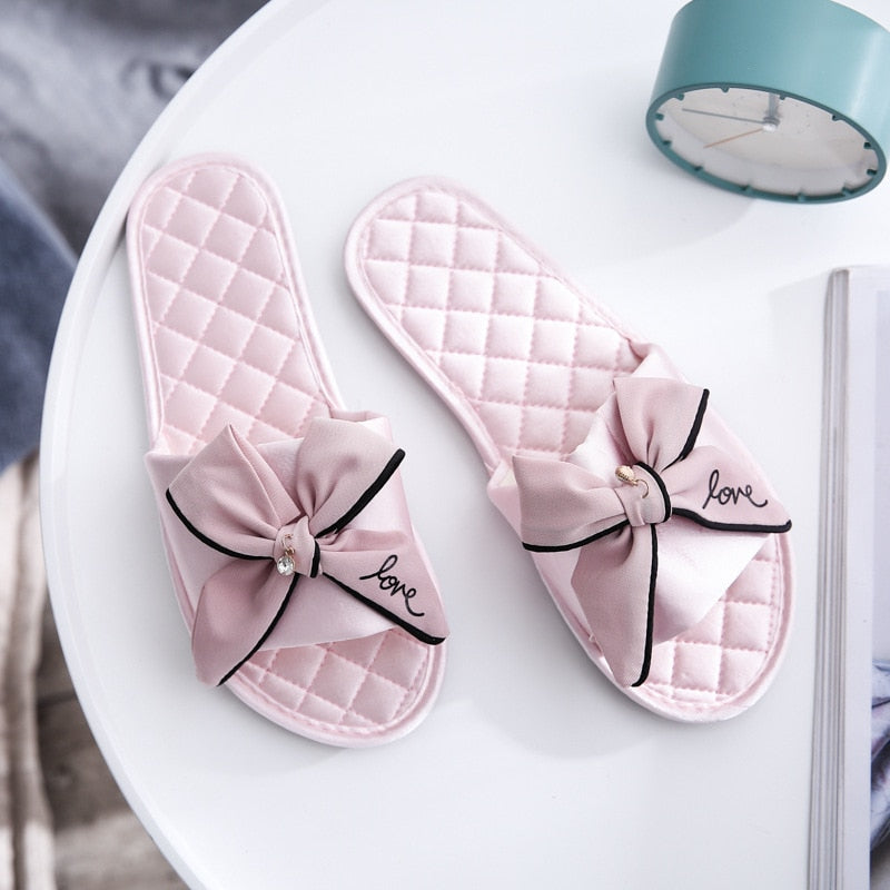 Women Silk Slippers Flat Heel Platform Slides Cute Casual Peep Toe Butterfly Knot Female Ladies Indoor Shoes Zapatos De Mujer