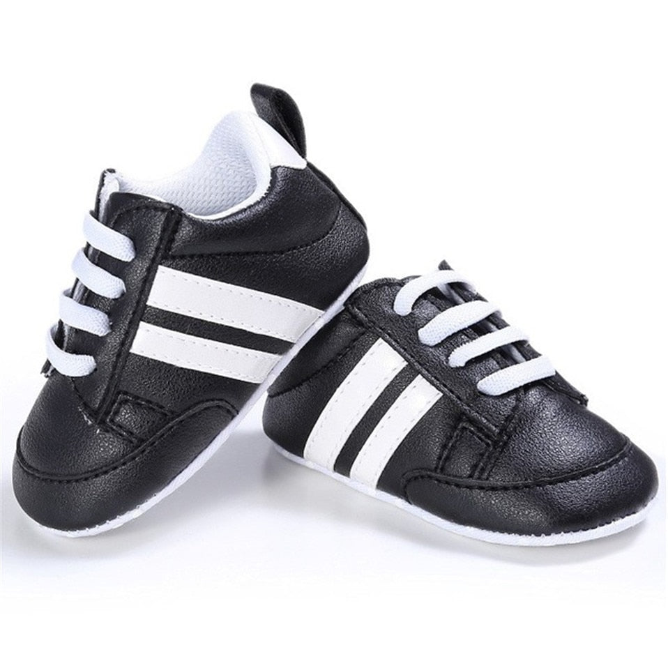 Baby Shoes Newborn Boys Sneaker Girls Two Striped First Walkers Kids Toddlers Lace Up PU Leather Soft Soles Sneakers 0-18 Months