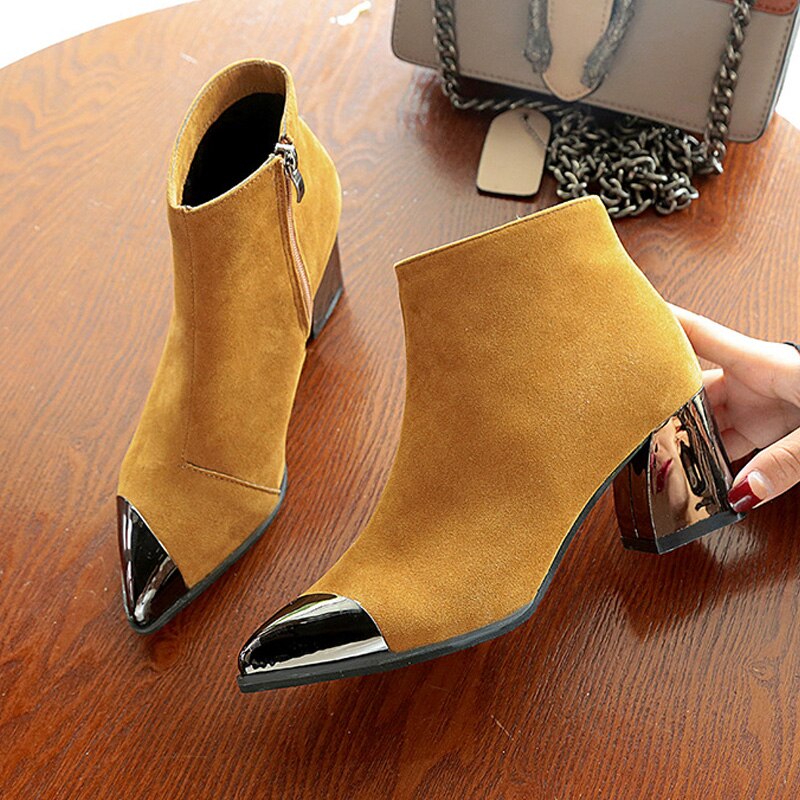 Fashion Ladies High Heels Boots Warm Shoes Pointed toe Women Winter Chelsea Boots Women Ankle Boots Square Heel 6cm N046