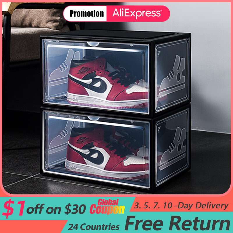 2pack AJ Sneakers Box Hardened plastic shoe box Stackable Cabinet Storage Box high-top Dustproof AJ shoes organizers Shoe Rack