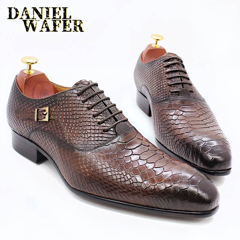 Fashion Men Dress Leather Shoes Snake Skin Prints Classic Style Wine Blue Coffee Black Lace Up Pointed Men Oxford Formal Shoes