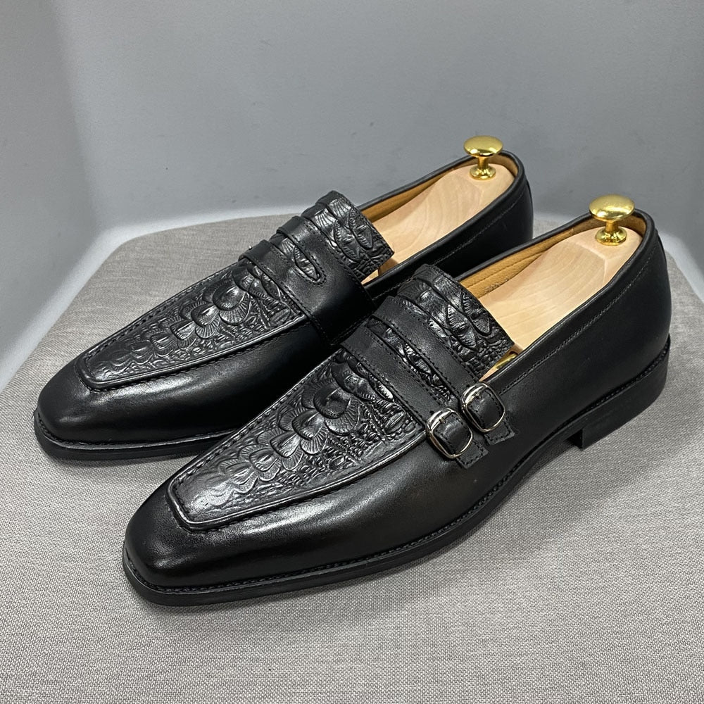 Luxury Men Dress Shoes Genuine Leather Crocodile Print Wedding Loafers Double Buckles Business Office Formal Slip on Mens Shoes