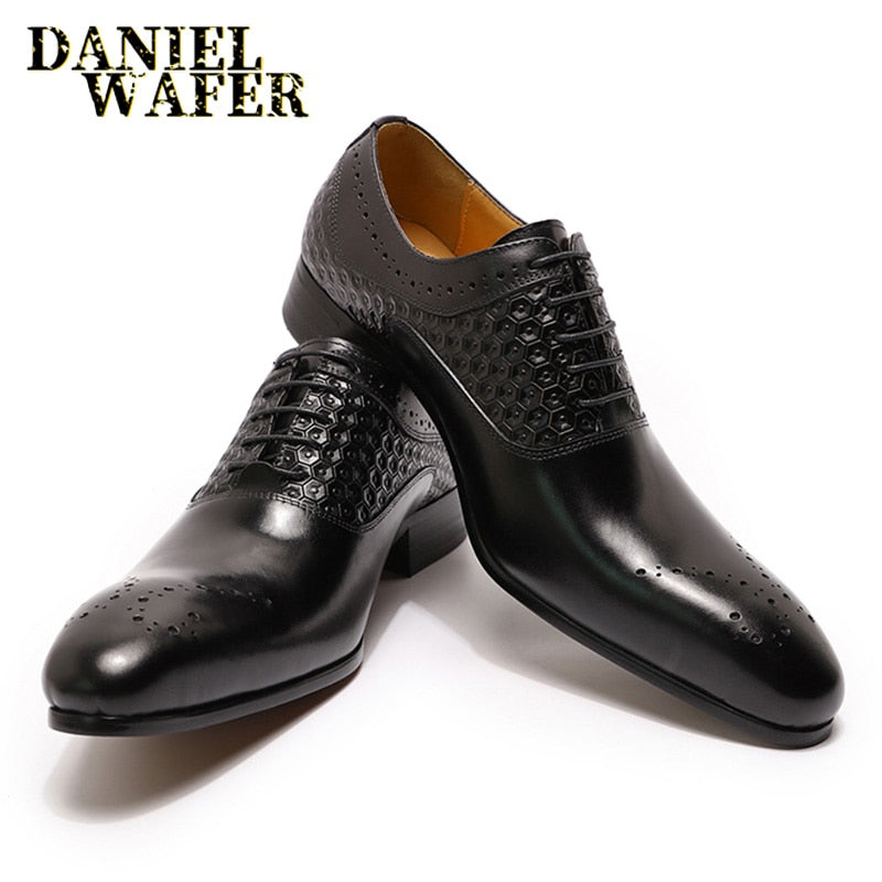 Luxury Brand Formal Men Oxford Brogue Shoes Mens Fashion Formal Pointed Toe Lace Up Office Wedding Genuine Leather Shoes for Men