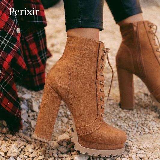 Perixir Boots-women Autumn Winter Footwear 2020 New Ankle Boots High Heels Faux Suede Platform Feminine Shoes Women's Booties