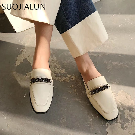 SUOJIALUN Luxury Design Slip On Outside Mules Slippers Brand Chain British Sandal Shoes Flat Round Toe Slides Big Size 41