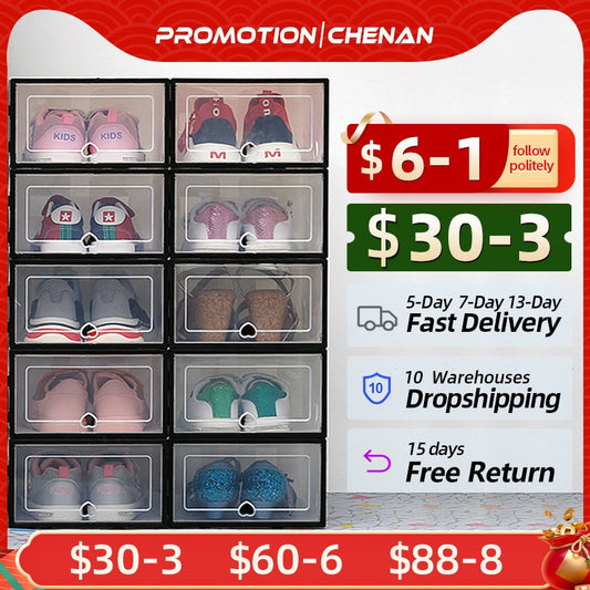 6 Packs Transparent Shoe Box Shoes Organizers Plastic Thickened Foldable Dustproof Storage Box Stackable Shoe Cabinet Sale